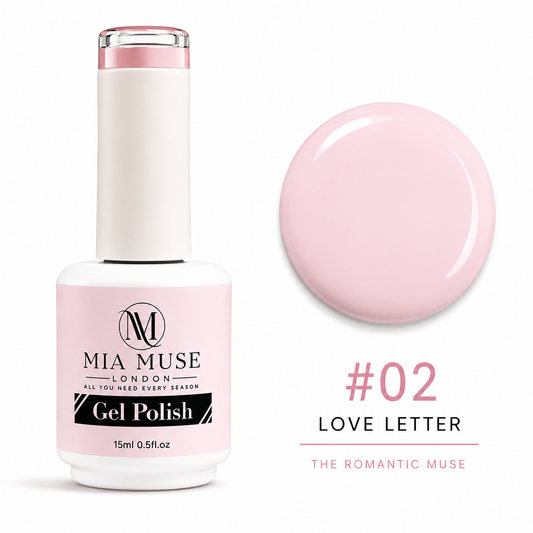 Mia Muse Gel Polish bottle with pink polish sample on a white background